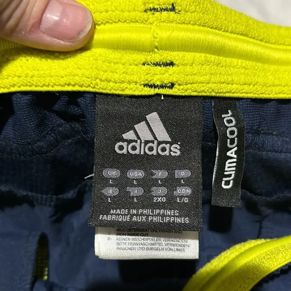 Adidas L navy blue turquoise 3 strip chartreuse accents like new nwot